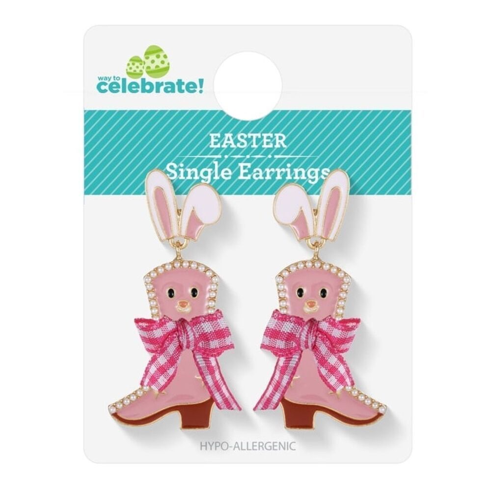 New Easter Pink Bunny Cowboy Boot Drop Earrings - Picture 4 of 4